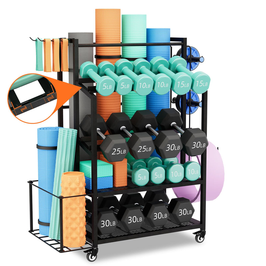 Bonvork Rack para Pesas de 600LBS, Soporte Ajustable de Alto Rendimiento para Mancuernas, Almacenamiento en Gimnasio en Casa para Colchoneta de Yoga, Rodillo de Espuma, Pesas Rusas, Organizador de Equipo de Entrenamiento con Ruedas