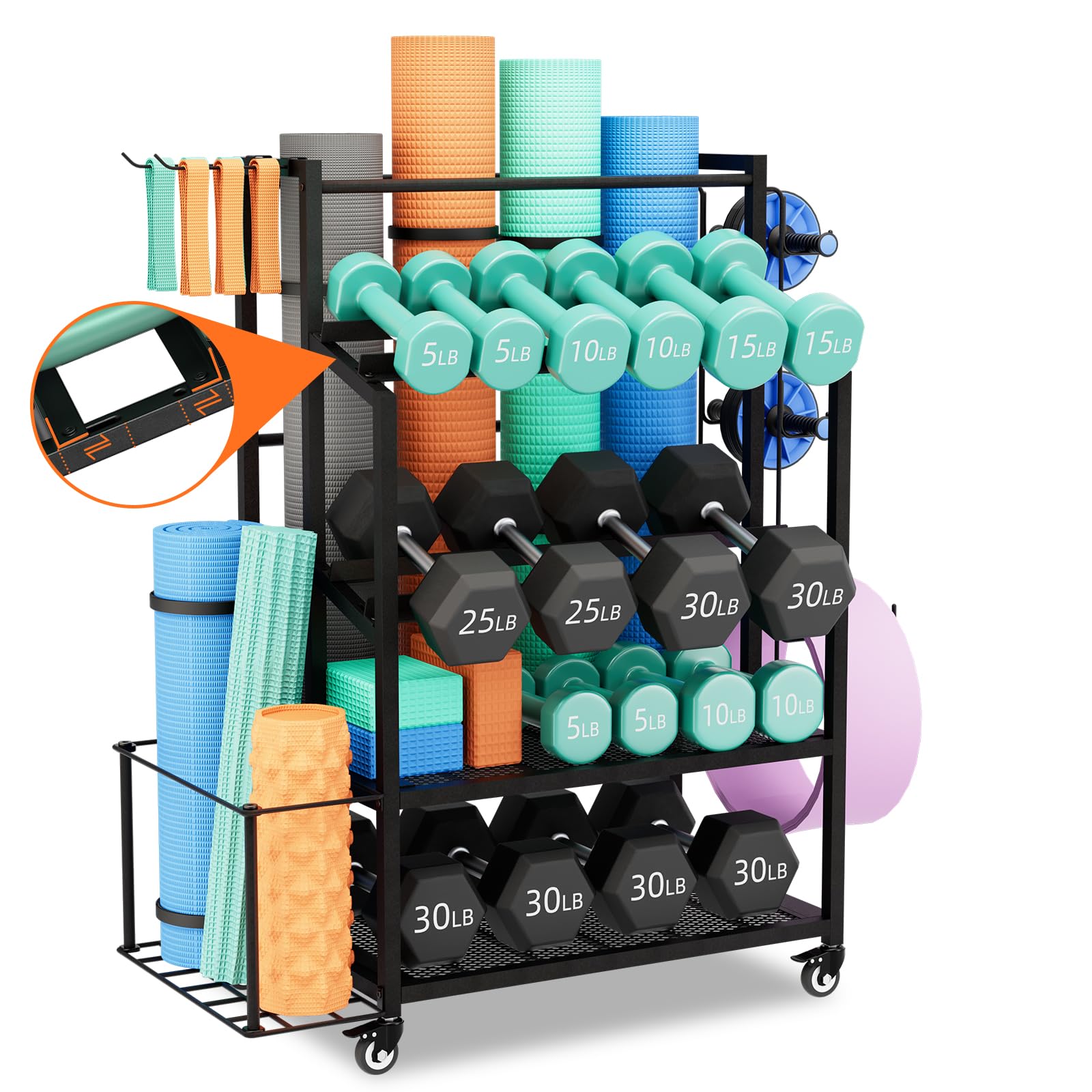 Bonvork Rack para Pesas de 600LBS, Soporte Ajustable de Alto Rendimiento para Mancuernas, Almacenamiento en Gimnasio en Casa para Colchoneta de Yoga, Rodillo de Espuma, Pesas Rusas, Organizador de Equipo de Entrenamiento con Ruedas